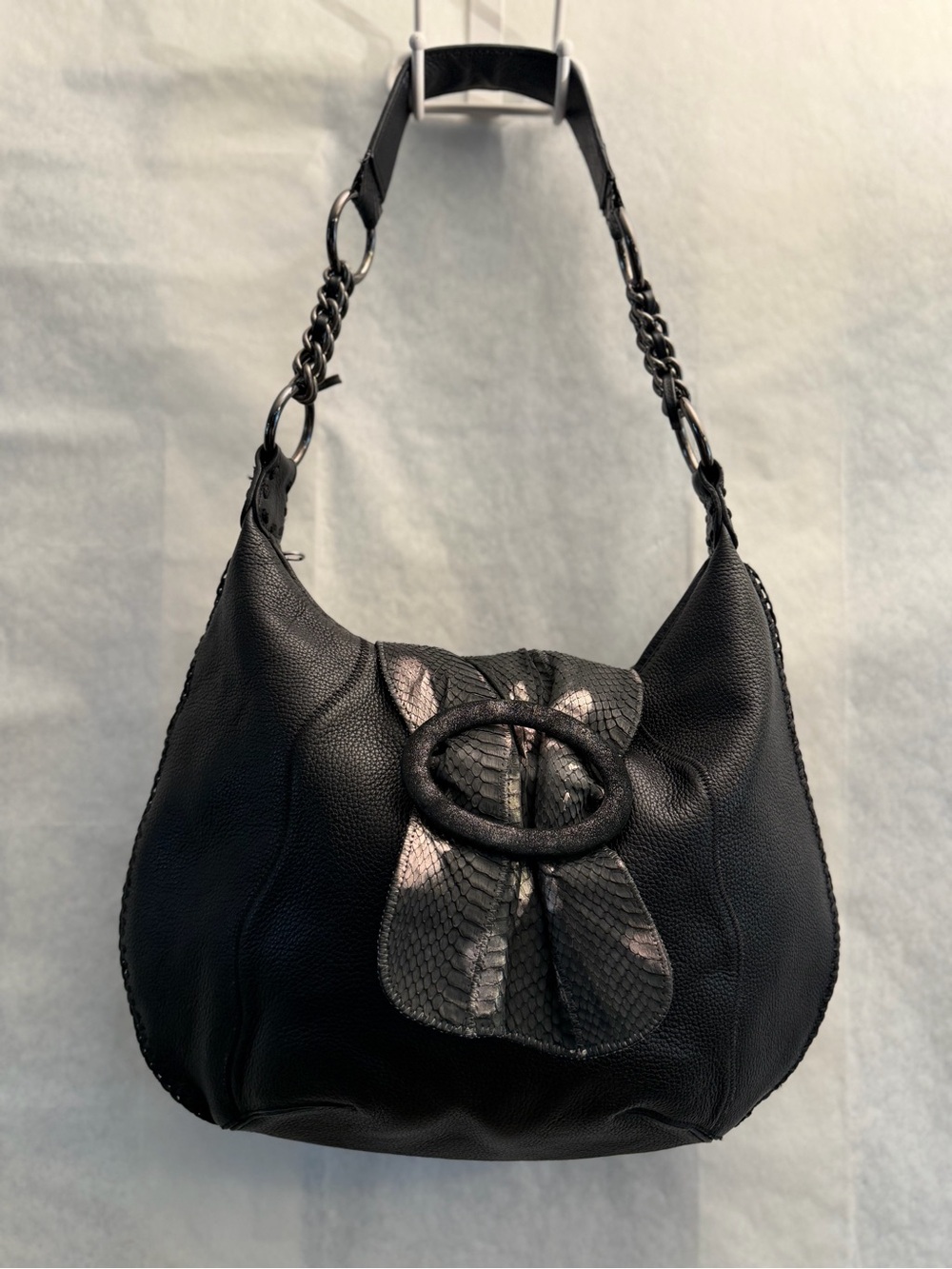 VNTG Chi By Carlos Falchi Purse Black Leather & snakeskin detail Hobo Bag.  L